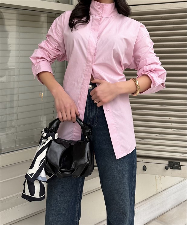 Hakim Yaka Bağlamalı Gömlek - Pembe