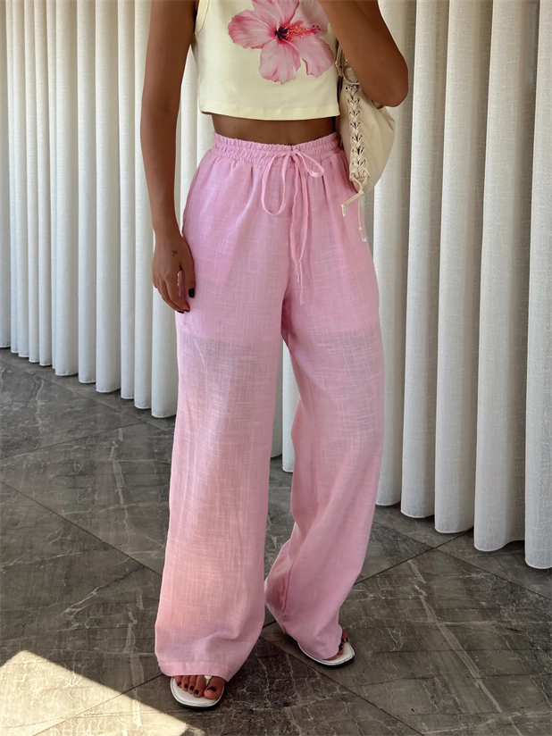 Bol Paça Keten Pantolon - Pembe