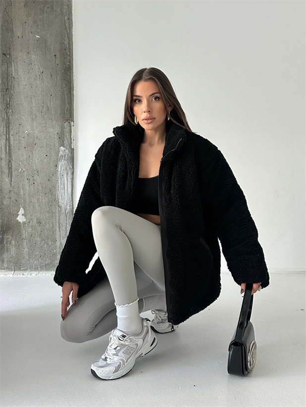 İç Astarlı Oversize Peluş Mont  - Siyah