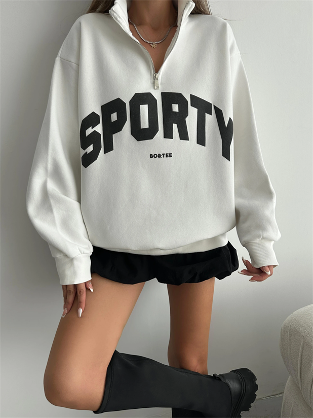 Sporty Yarım Fermuar Sweat - Ekru