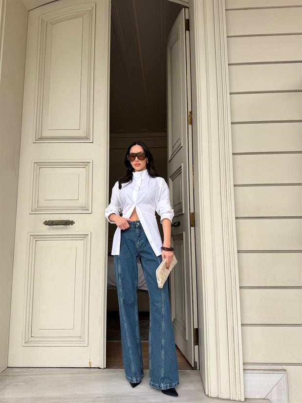 Kemerli Wide Leg Jean - Mavi