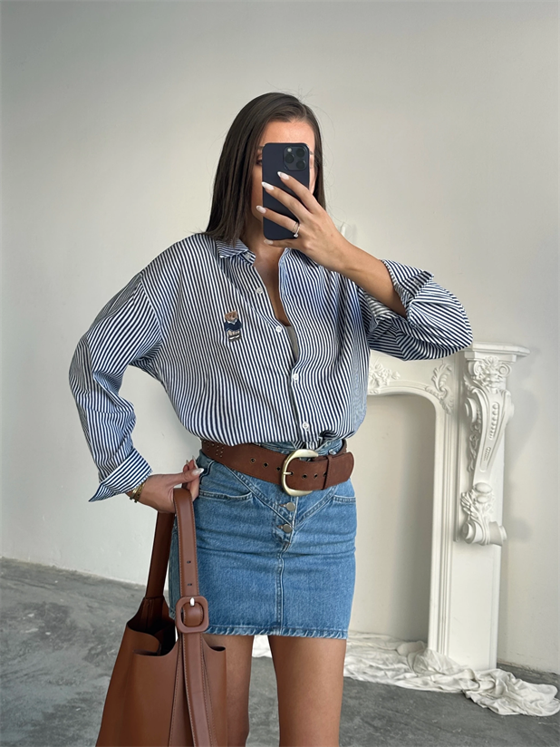 Bear Nakışlı Çizgili Gömlek - Lacivert