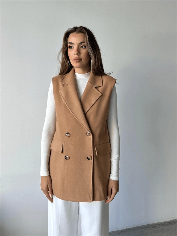 Düğmeli Kaşe Yelek - Camel