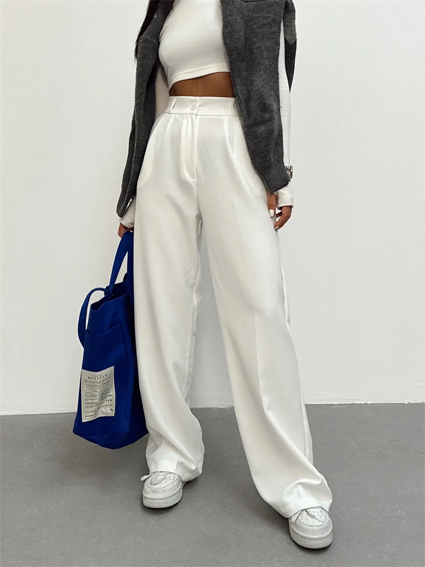 Bel Lastik Palazzo Pantolon - Beyaz