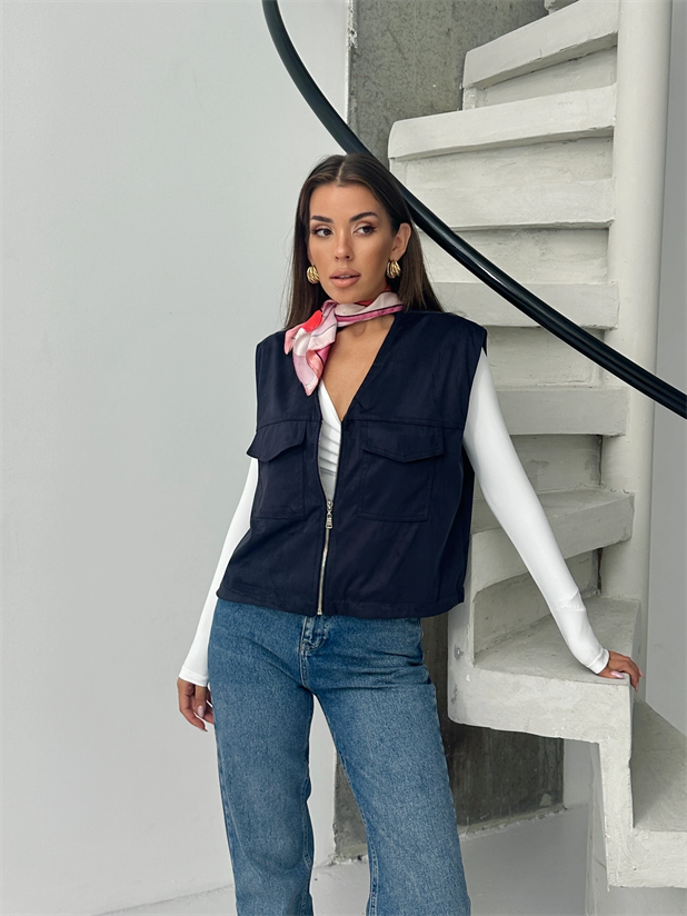 Cep Detay Nubuk Yelek - Lacivert