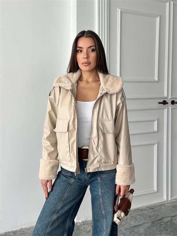 Kürklü Deri Mont - Taş