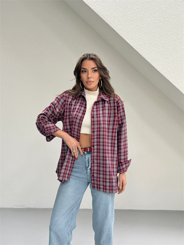 Kareli Oversize Gömlek - Bordo