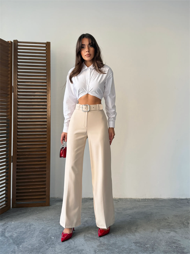 Kemerli Palazzo Pantolon  - Bej