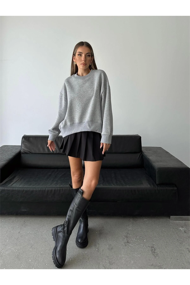 Sage Bisiklet Yaka Sweatshirt Gri - Gri