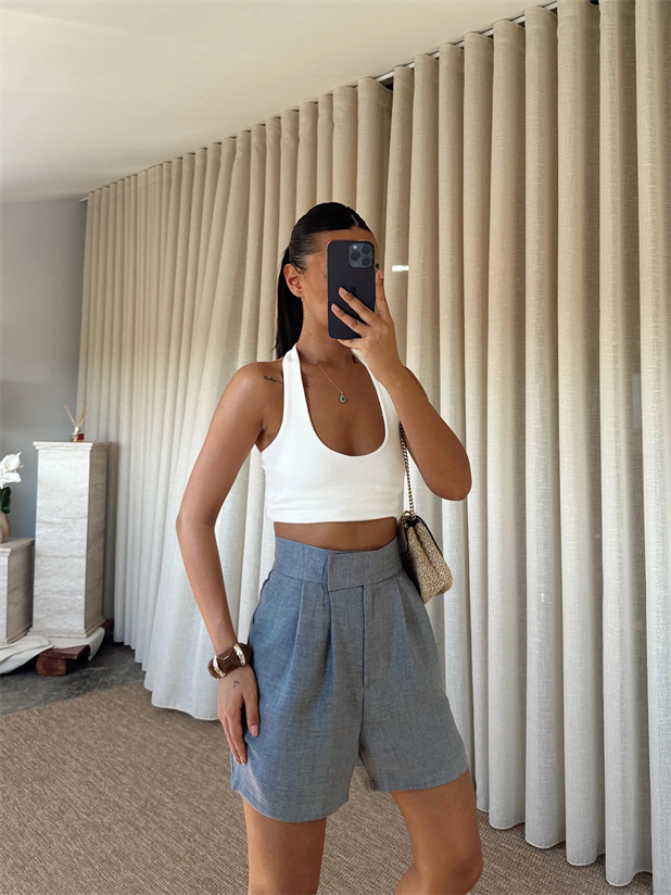 Cırtlı Keten Şort - Gri