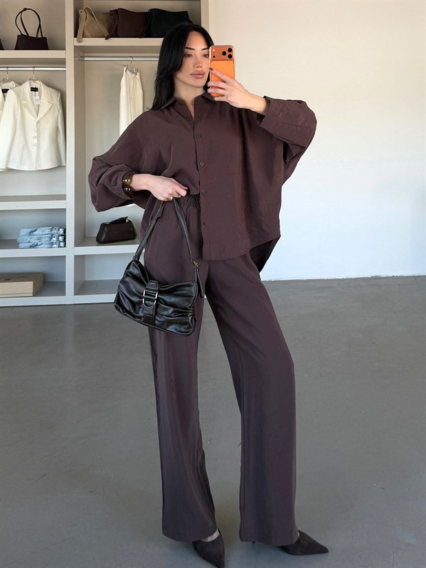 Tensel Yarasa Gömlekli Palazzo Takım - Kahve