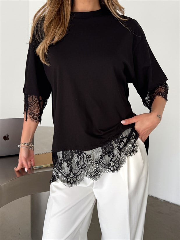 Sırtı Dantel Detaylı T-shirt - Siyah