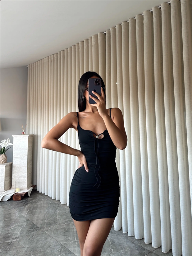 Yan Drape Mini Elbise  - Siyah