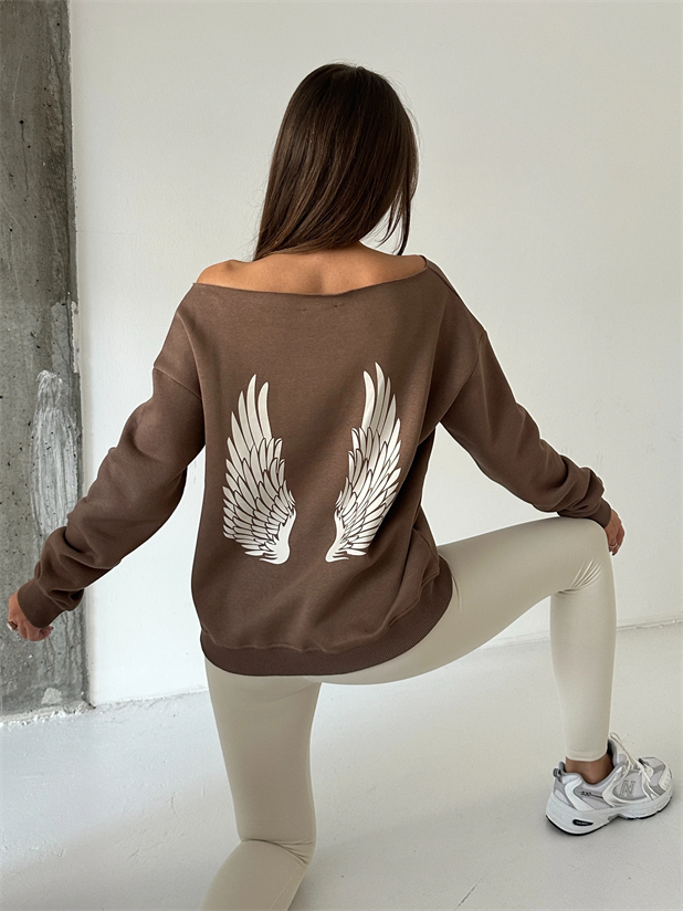 Angel Nakışlı Kayık Yaka Sweat - Kahve