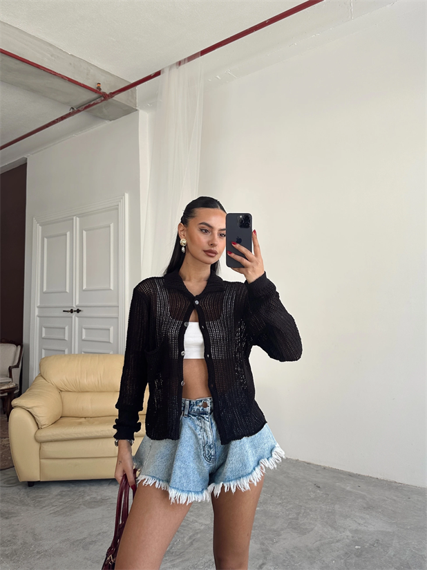 Elena Triko Ajur Hırka Siyah - Siyah