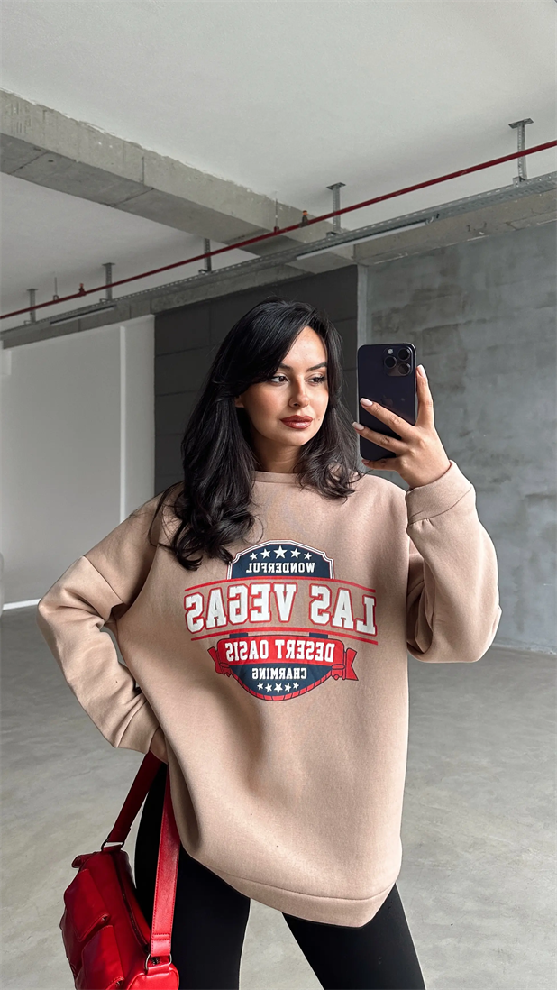 Las Vegas Üç İplik Oversize Sweat Vizon - Vizon