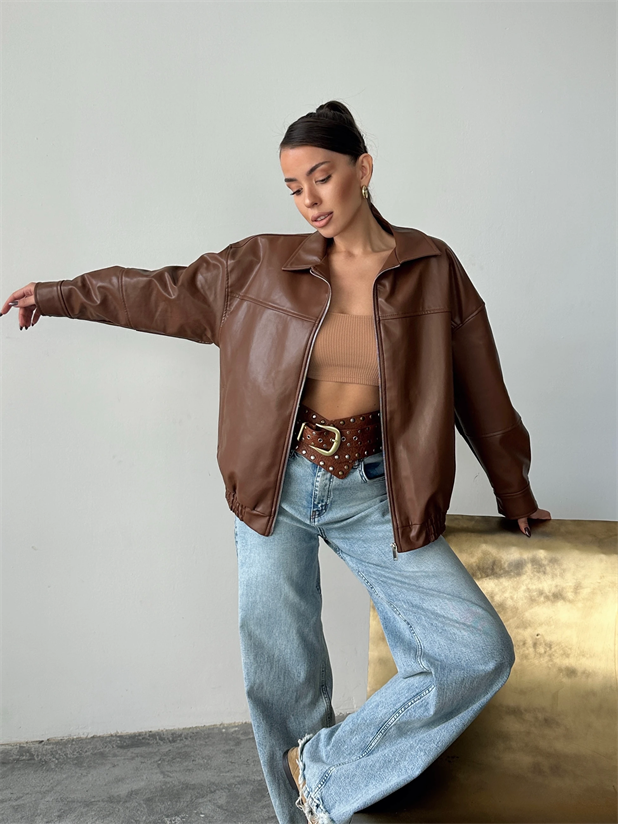 Deri Fermuarlı Bomber Mont - Taba