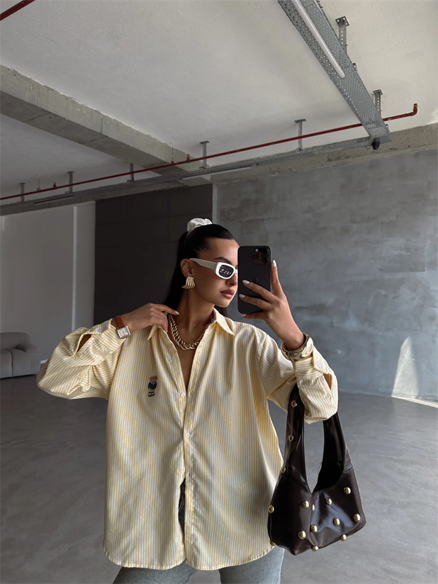 Bear Nakışlı Çizgili Gömlek - Sarı