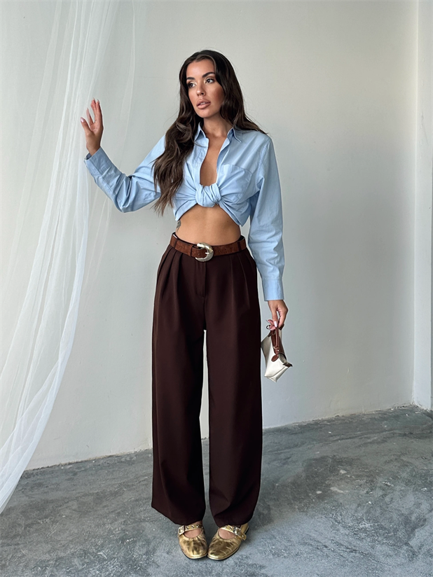 Üç Pile Palazzo Pantolon - Kahve