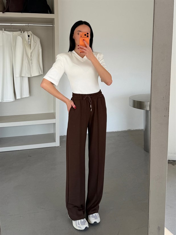 Çımalı Bol Paça Eşofman - Kahve