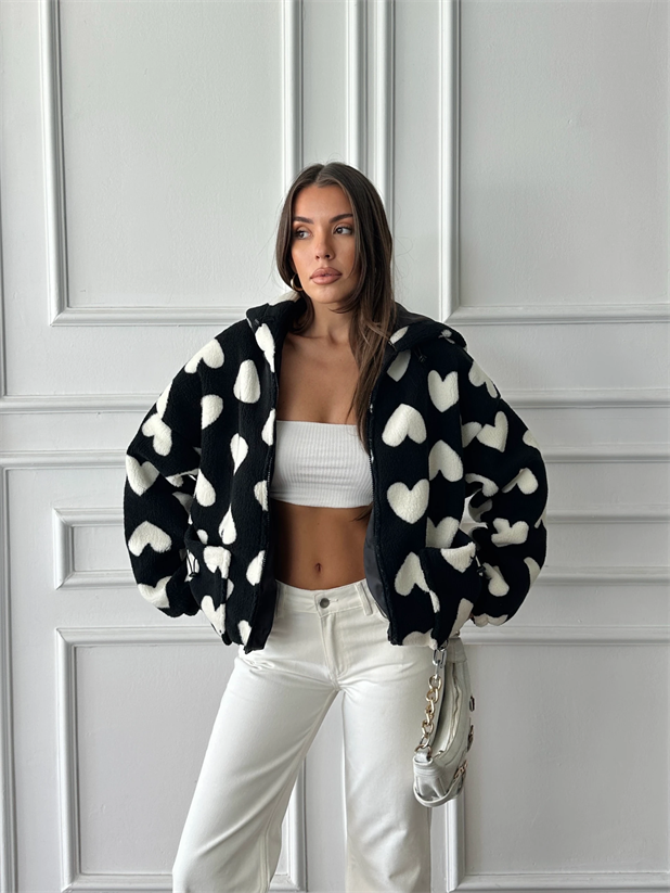 Kalp Desenli Fermuarlı Peluş - Siyah