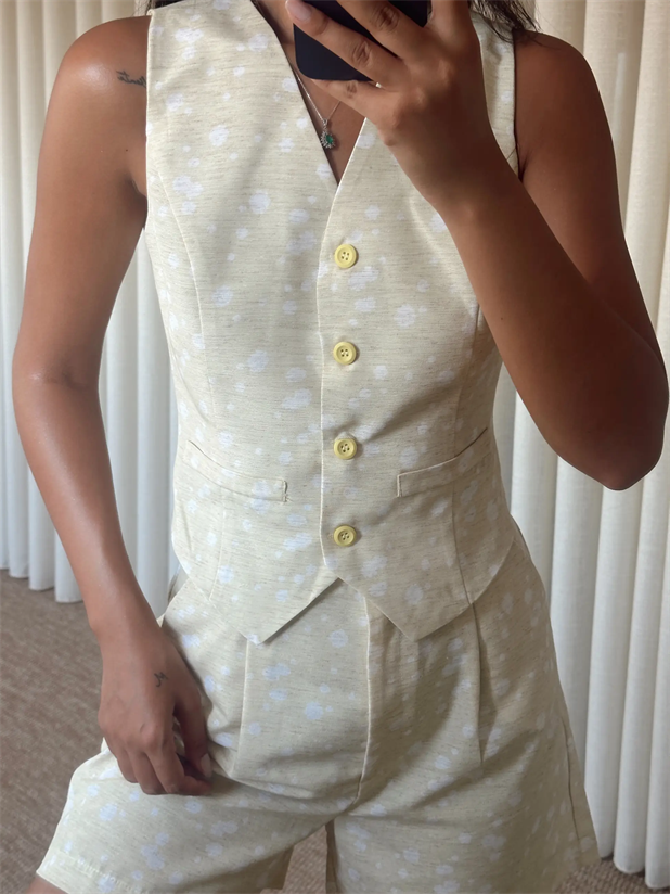 Desenli Şort-Yelek Takım  - Sarı