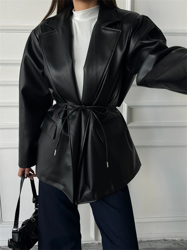 Belden Bağlamalı Deri Ceket - Siyah