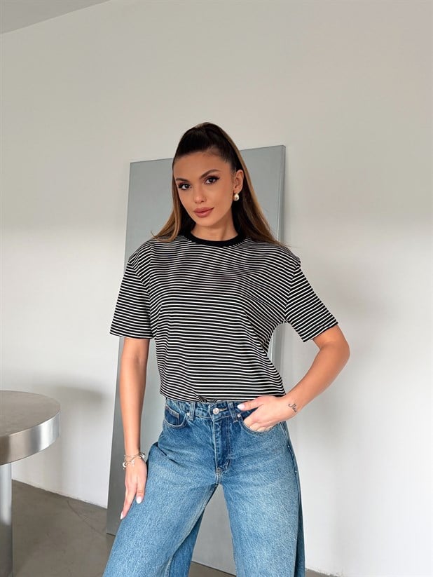 Çizgili Kısa Kol Basic - Siyah