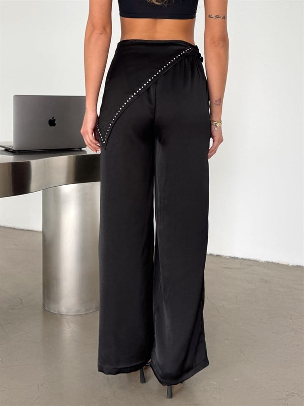 Saten Şallı Jogger Pantolon - Siyah