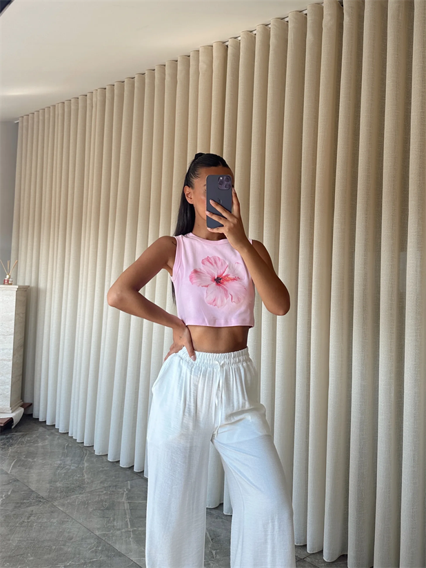 Çiçek Baskılı Crop - Pembe