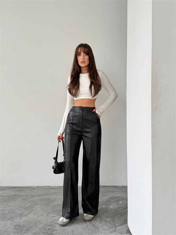 Çımalı Deri Palazzo Pantolon  - Siyah