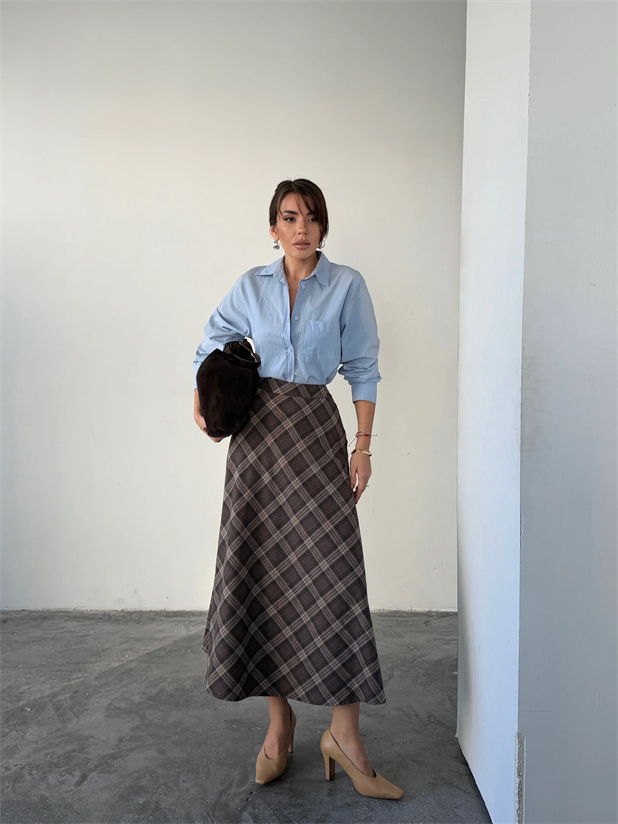 Kloş Ekoseli Etek - Kahve