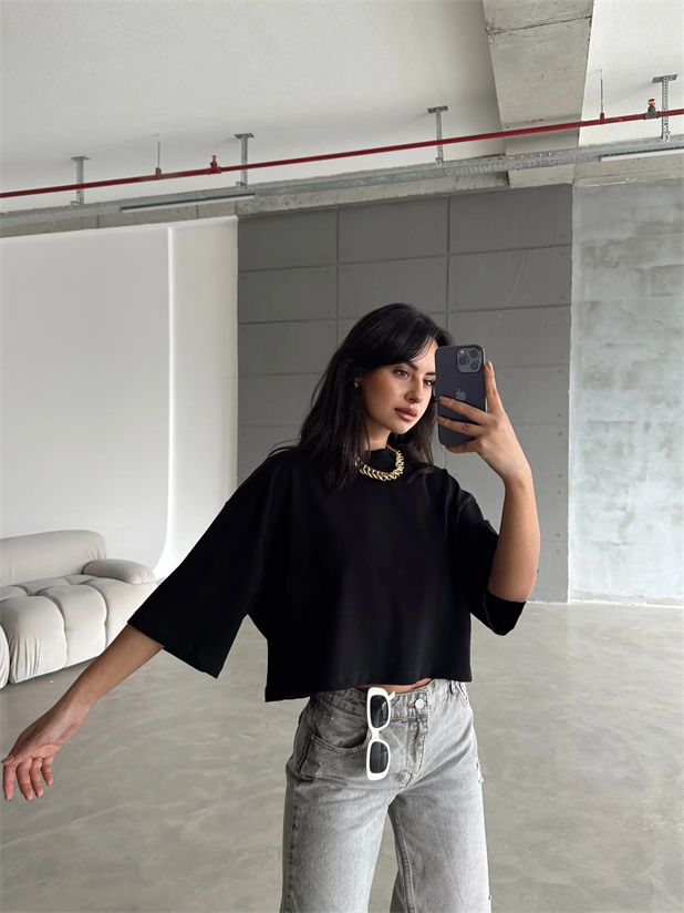 Oversize Basic Crop - Siyah