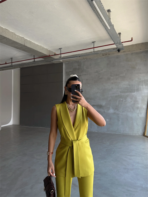 Bağlamalı Blazer Yelek  - Yağ Yeşili