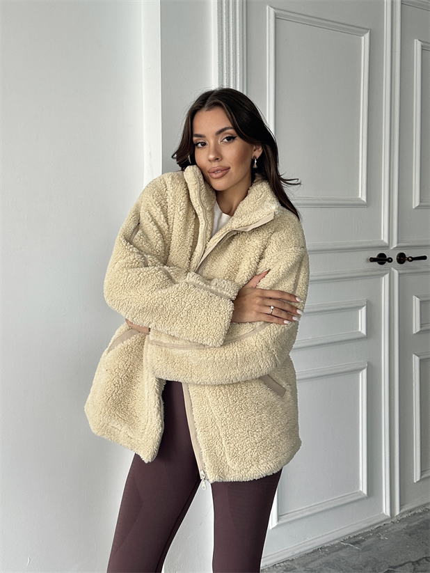 İç Astarlı Oversize Peluş Mont  - Taş