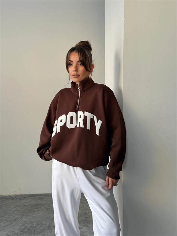 Sporty Yarım Fermuar Sweat - Kahve