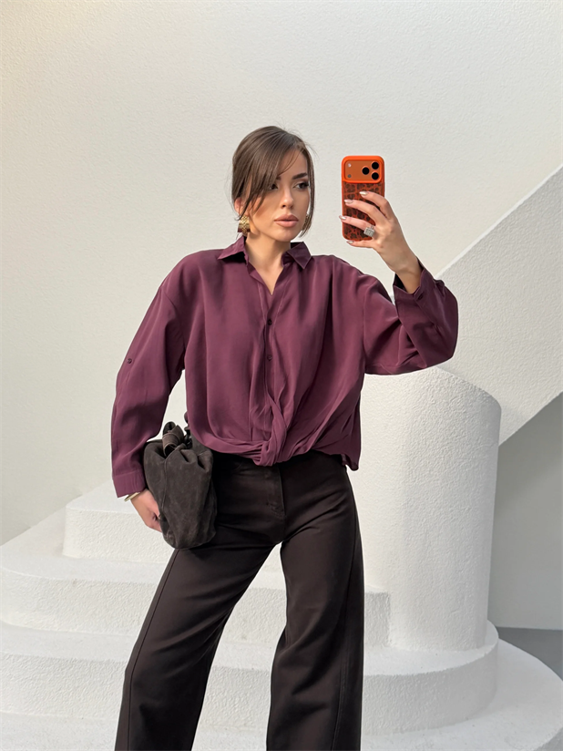 Önü Burgulu Modal Gömlek - Mürdüm