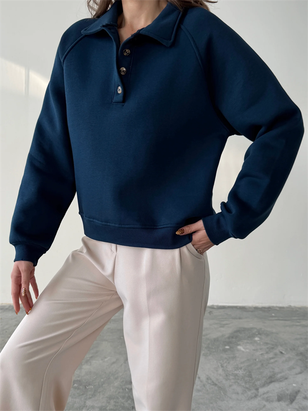 Polo Yaka Düğmeli Sweatshirt - Lacivert