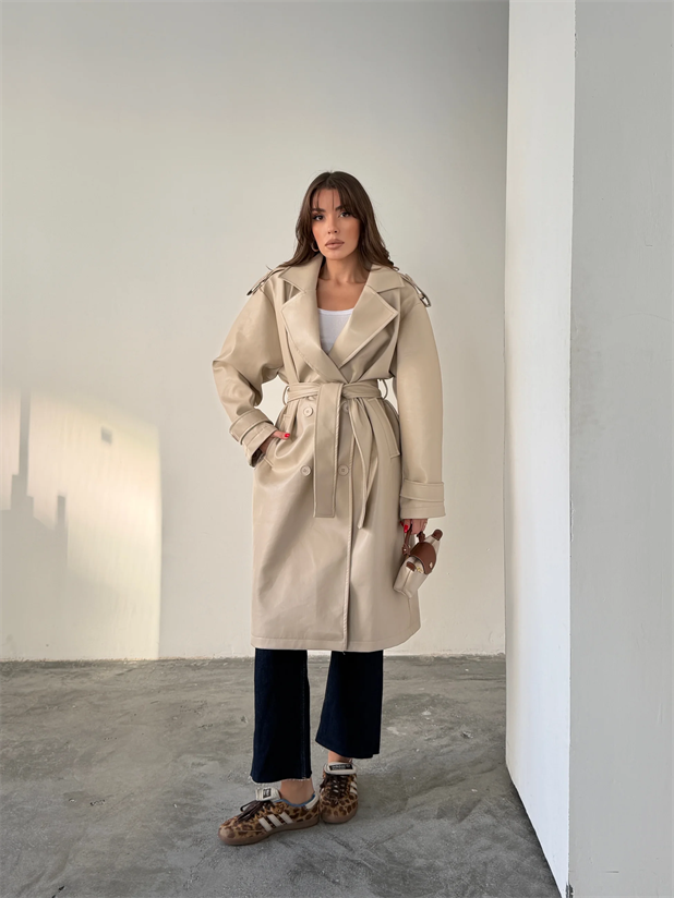 Apolet Detaylı Deri Trençkot - Taş