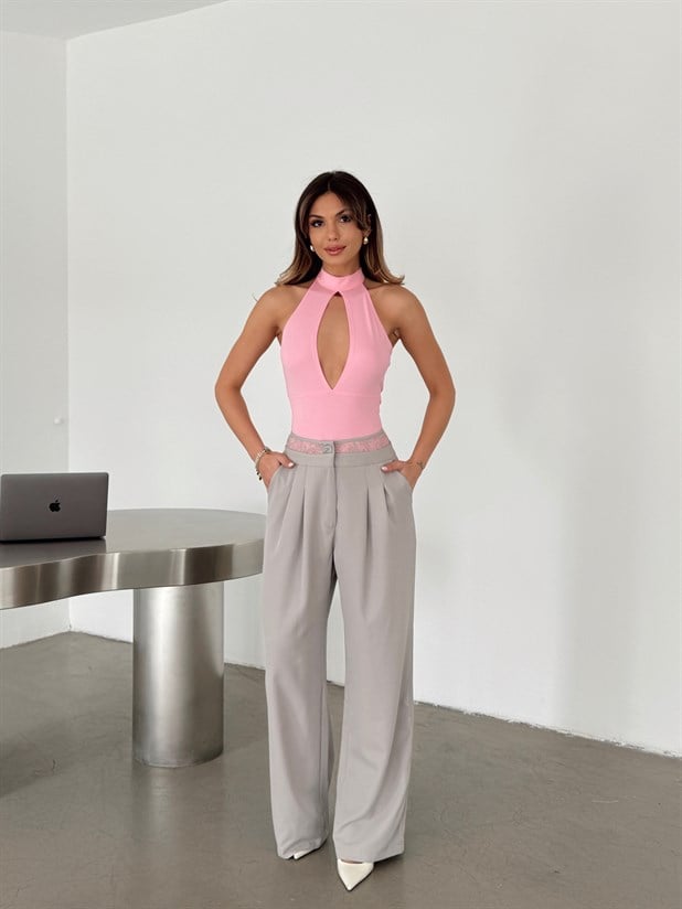 Kemeri Dantel Detaylı Palazzo Pantolon  - Gri