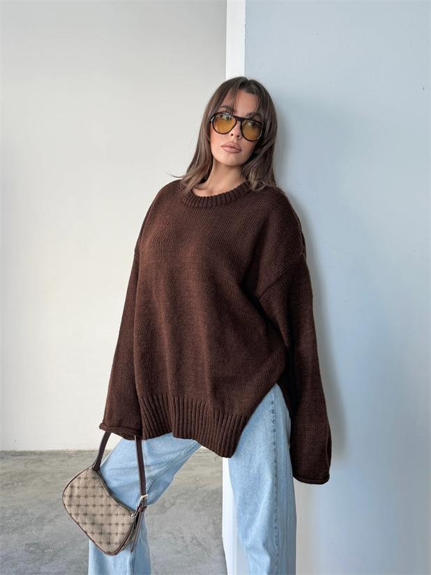 Yırtmaçlı Basic Triko  - Acı kahve