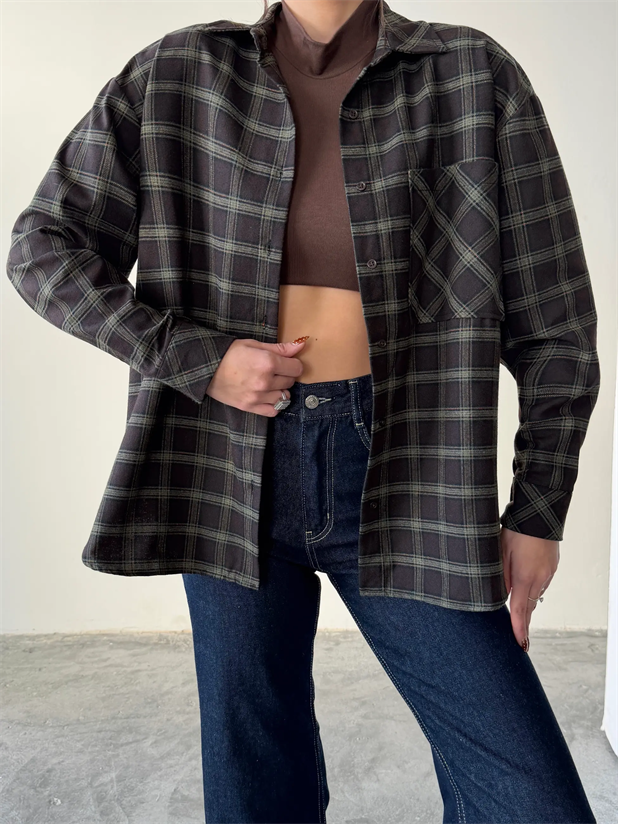 Tek Cep Ekose Gömlek - Acı kahve