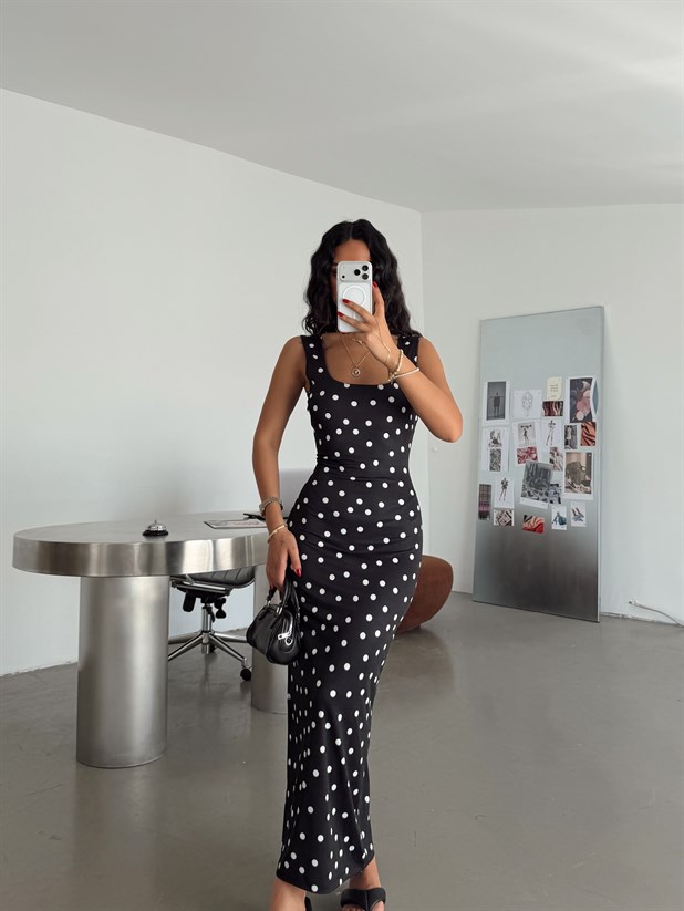Halter Yaka Puantiyeli Maxi Elbise - Siyah