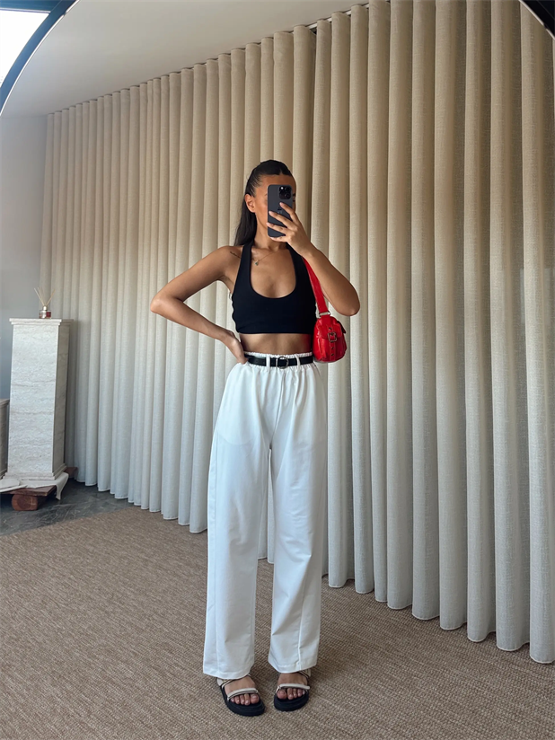 Deri Kemerli Eşofman - Beyaz