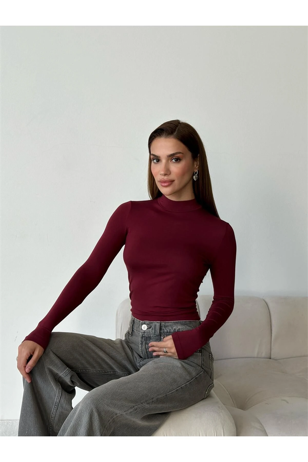 Dik Yaka Balıkçı Bluz Bordo - Bordo