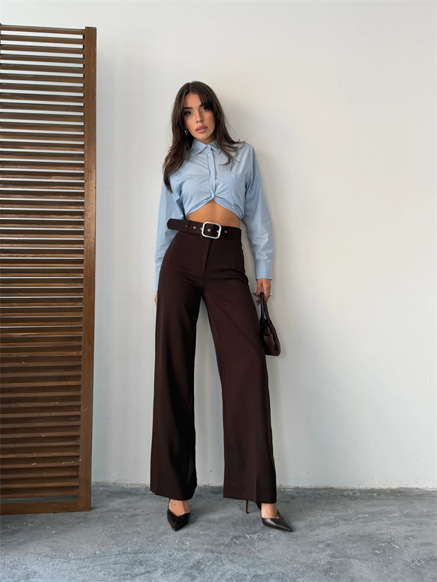 Kemerli Palazzo Pantolon  - Kahve