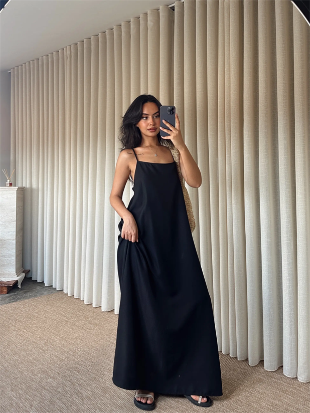 Cepli Keten Elbise - Siyah