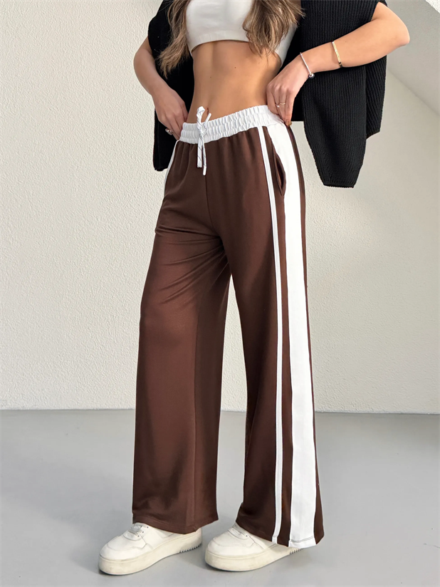 Yan Şerit Bol Paça Eşofman - Kahve