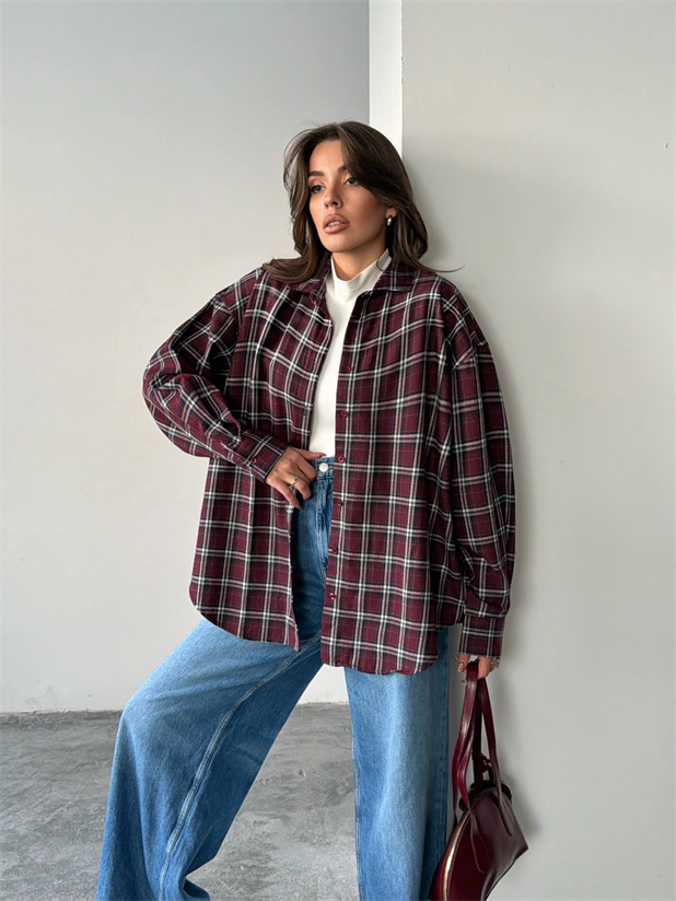 Kareli Oversize Gömlek - Bordo