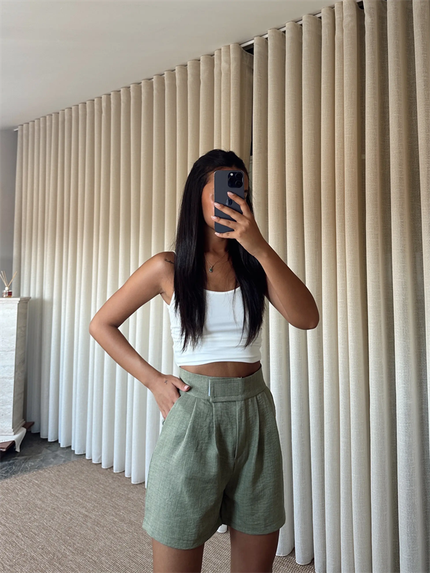 Cırtlı Keten Şort - Haki